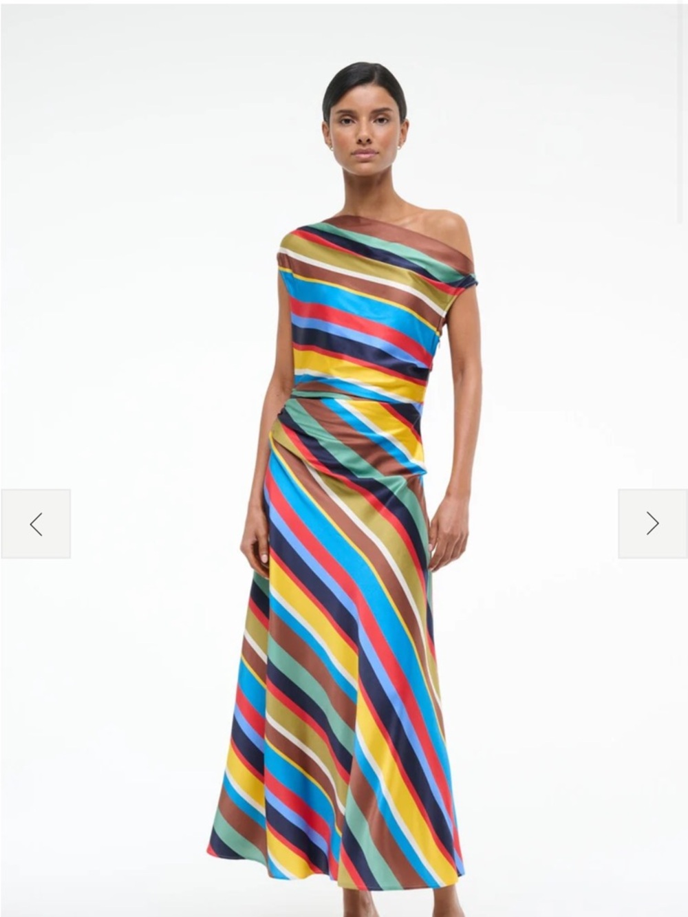 STAUD One-Shoulder Striped Midi Dress in Blue, Yellow, Red, Green, Brown